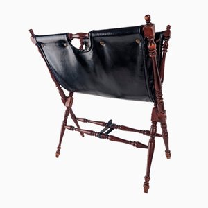 Black Leather And Turned Wood Folding Magazine Rack, 1930s-JJT-1482507