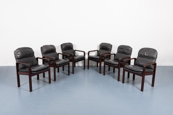 Black Leather Armchairs from Dyrlund, Denmark, 1980s, Set of 6-KMC-1427305