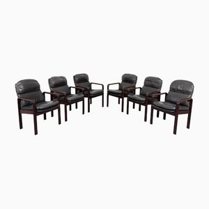 Black Leather Armchairs from Dyrlund, Denmark, 1980s, Set of 6-KMC-1427305