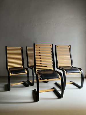 Black Leather & Bentwood Cantilevered Dining Chairs by Terje Hope for Møremøbler, 1980s, Set of 4-UAO-1345242