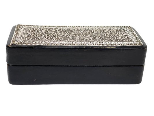 Black Leather Box with Indonesian Silver, 1920s-UCH-1224191