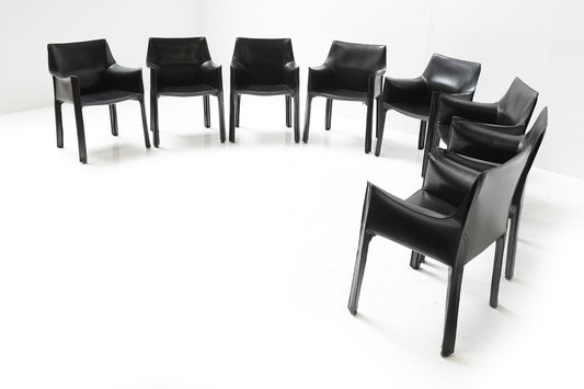 Black Leather Cab 413 Armchairs by Mario Bellini for Cassina, Italy, Set of 8