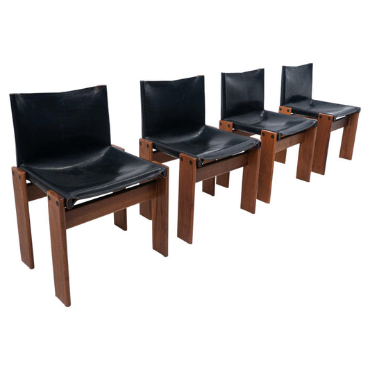 Black Leather Chairs Model Monk attributed to Afra & Tobia Scarpa for Molteni, 1970s, Set of 4