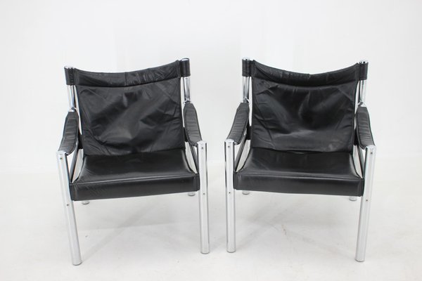 Black Leather & Chrome Safari Chair by Johanson Design, 1970s, Set of 2-TZ-1287116