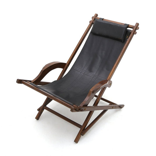 Black Leather Deck Chair with Armrests, 1940s