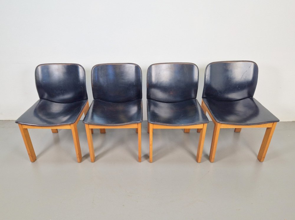 Black Leather Dining Chairs attributed to Afra & Tobia Scarpa, 1970s, Set of 4