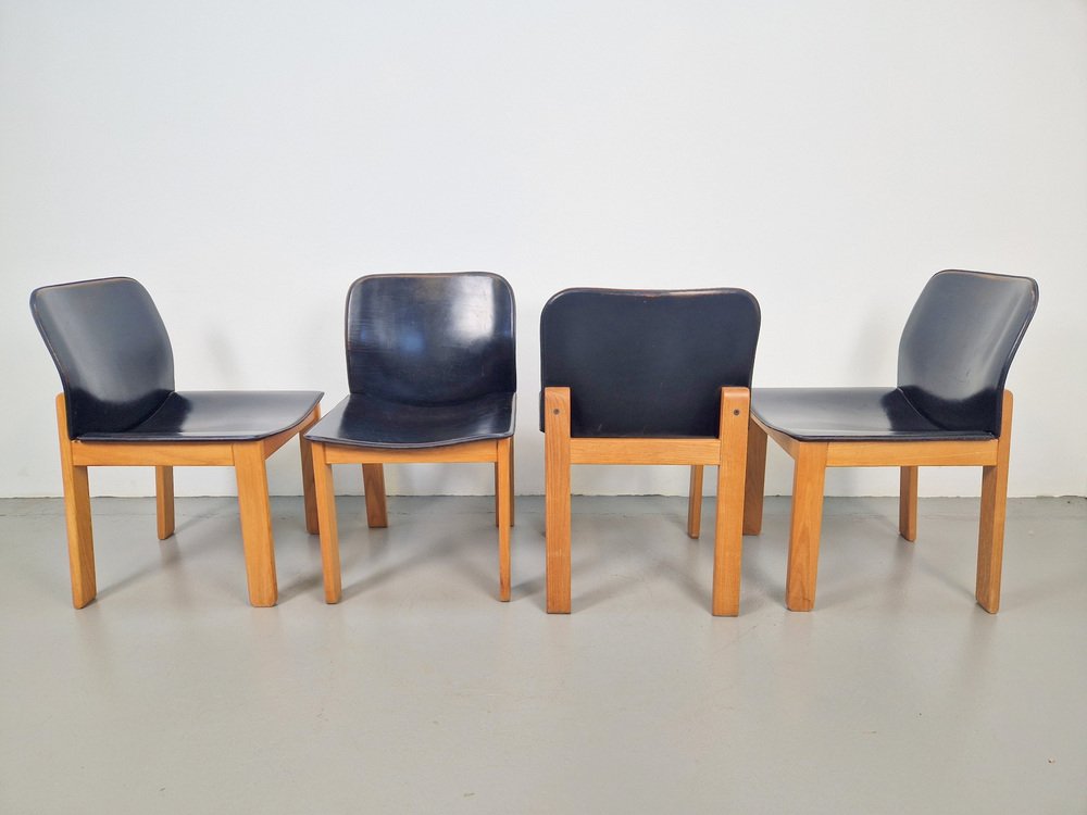 Black Leather Dining Chairs attributed to Afra & Tobia Scarpa, 1970s, Set of 4