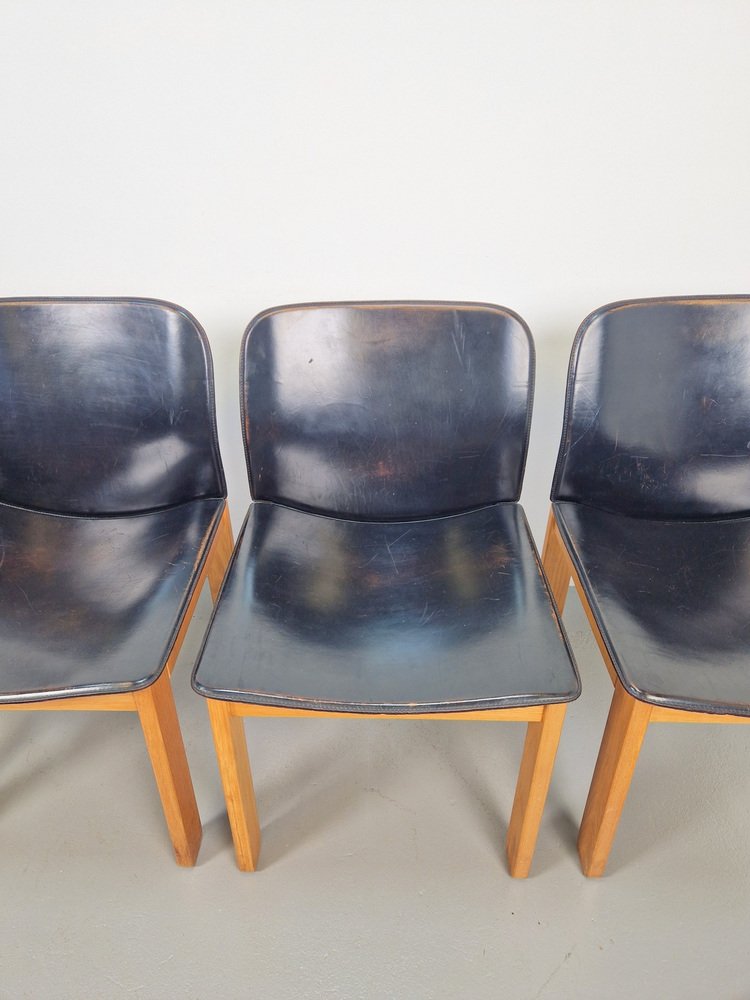 Black Leather Dining Chairs attributed to Afra & Tobia Scarpa, 1970s, Set of 4