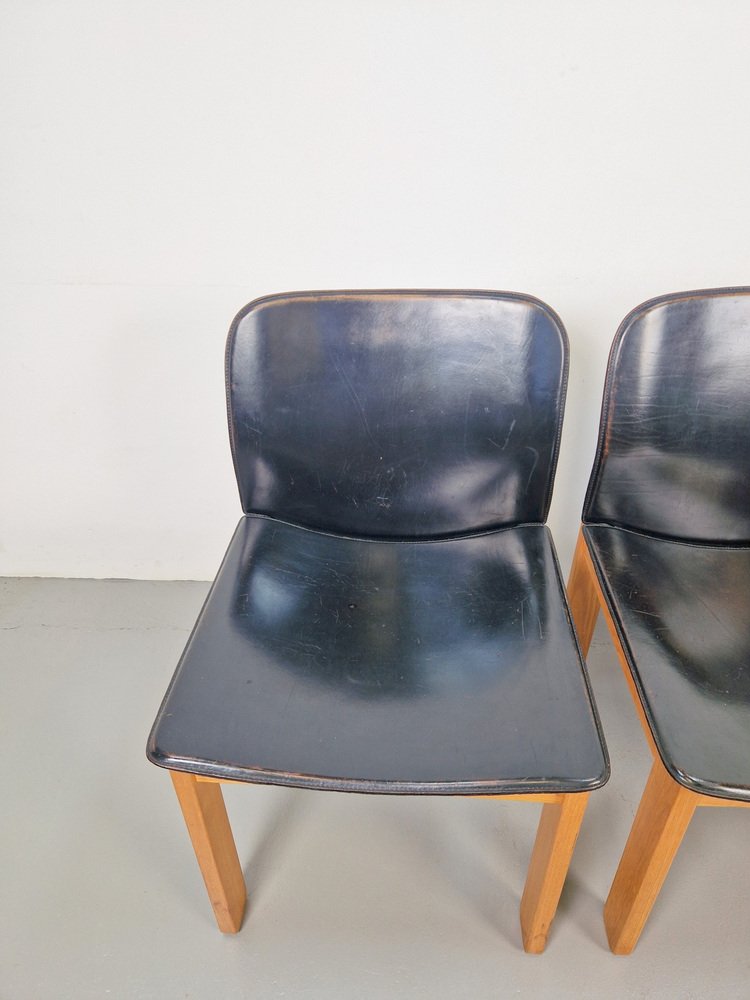 Black Leather Dining Chairs attributed to Afra & Tobia Scarpa, 1970s, Set of 4