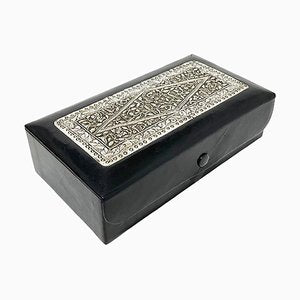 Black Leather Jewelry Box with Indonesian Silver, 1920s-UCH-1224200