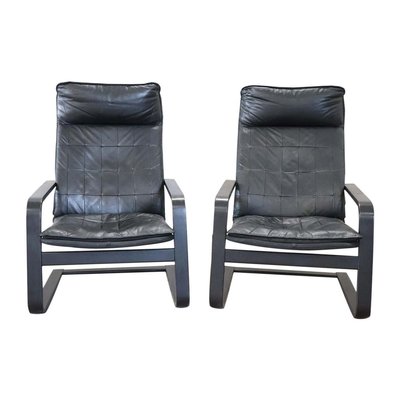 Black Leather Lounge Chairs, 1970s, Set of 2-DCO-899669