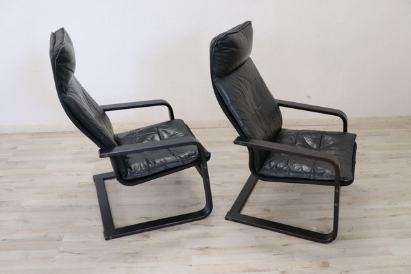 Black Leather Lounge Chairs, 1970s, Set of 2-DCO-899669