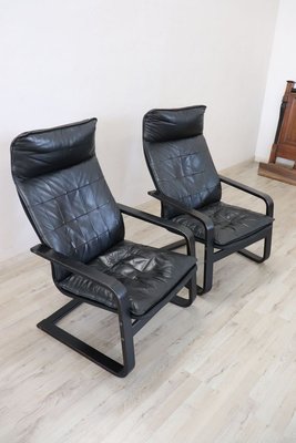 Black Leather Lounge Chairs, 1970s, Set of 2-DCO-899669