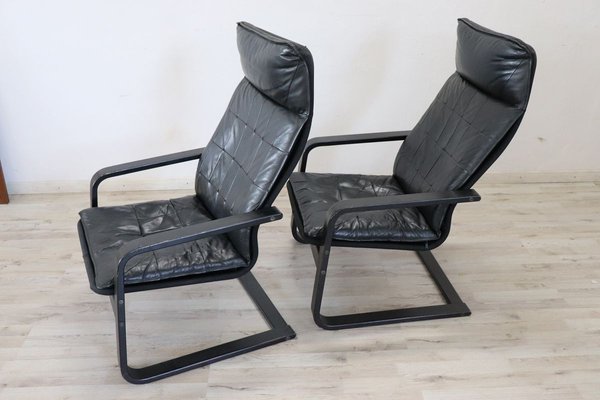 Black Leather Lounge Chairs, 1970s, Set of 2-DCO-899669