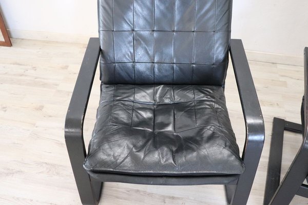 Black Leather Lounge Chairs, 1970s, Set of 2-DCO-899669