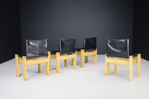 Black Leather Monk Dining Chairs by Afra & Tobia Scarpa for Molteni, 1974, Set of 4-TRW-1797117