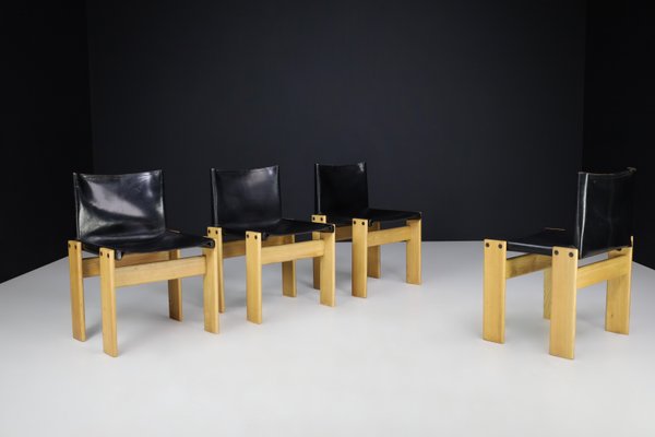 Black Leather Monk Dining Chairs by Afra & Tobia Scarpa for Molteni, 1974, Set of 4-TRW-1797117