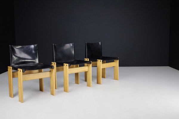 Black Leather Monk Dining Chairs by Afra & Tobia Scarpa for Molteni, 1974, Set of 4-TRW-1797117