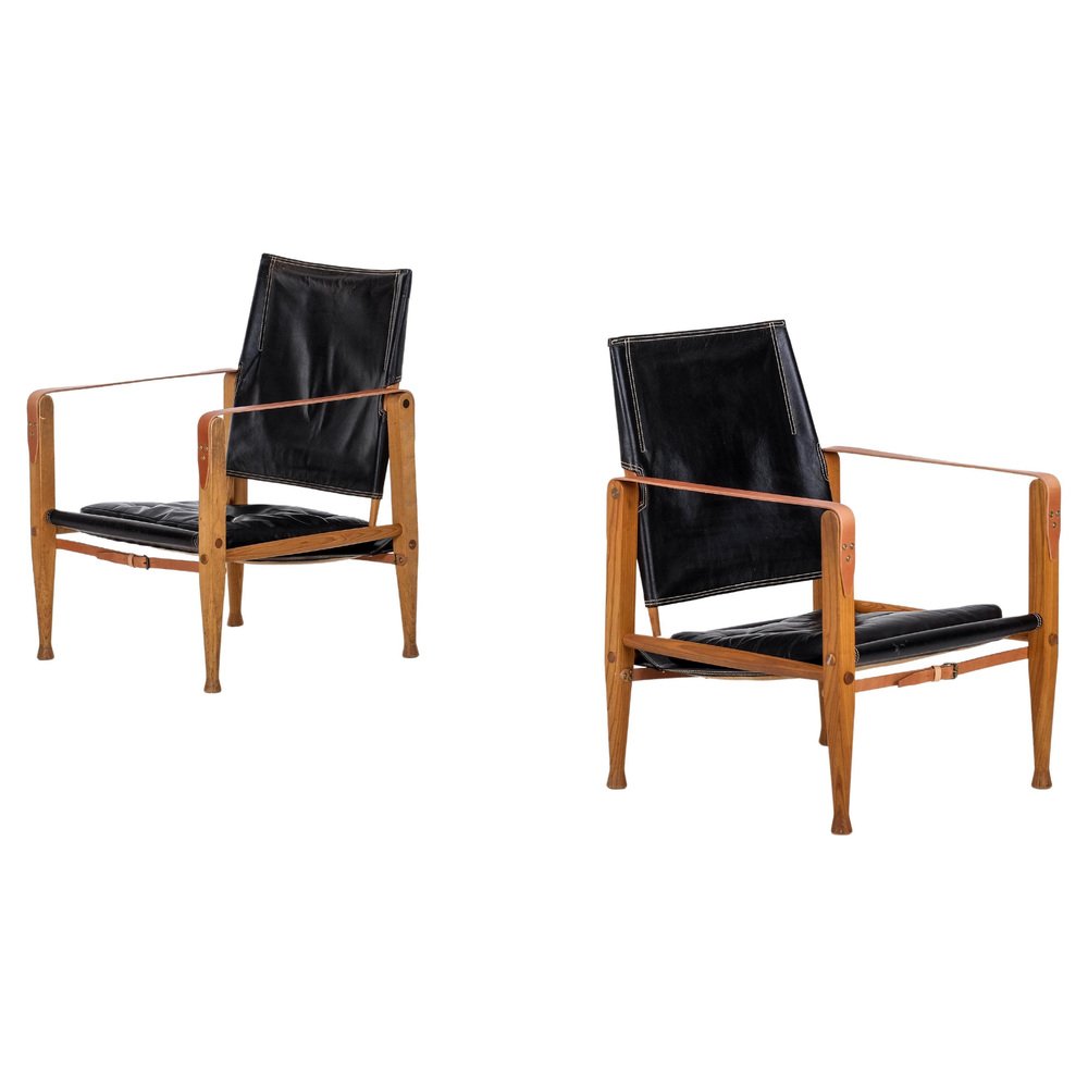 Black Leather Safari Chairs attributed to Kaare Klint, 1950s, Set of 2