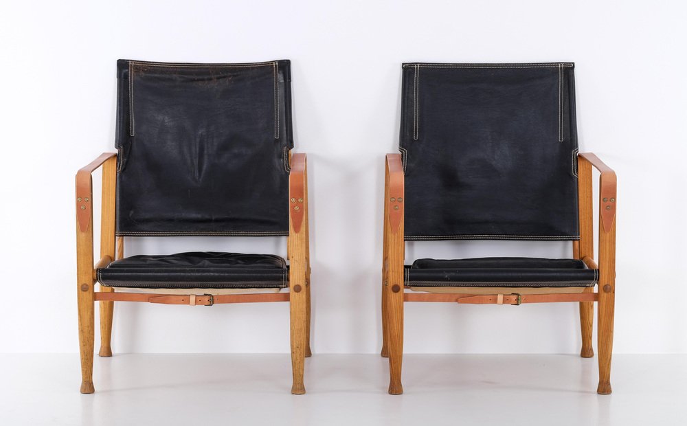 Black Leather Safari Chairs attributed to Kaare Klint, 1950s, Set of 2