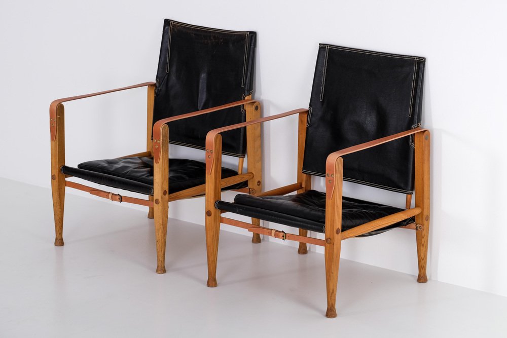 Black Leather Safari Chairs attributed to Kaare Klint, 1950s, Set of 2