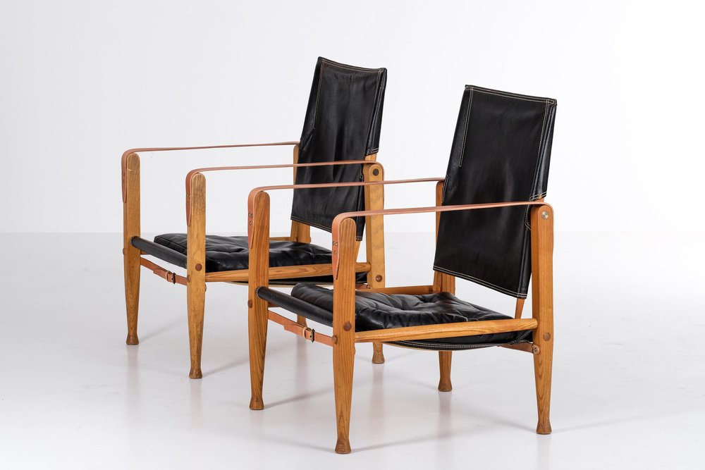 Black Leather Safari Chairs attributed to Kaare Klint, 1950s, Set of 2