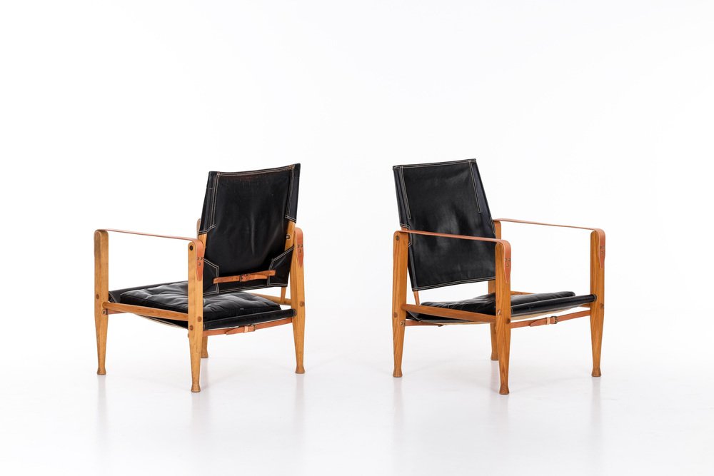 Black Leather Safari Chairs attributed to Kaare Klint, 1950s, Set of 2