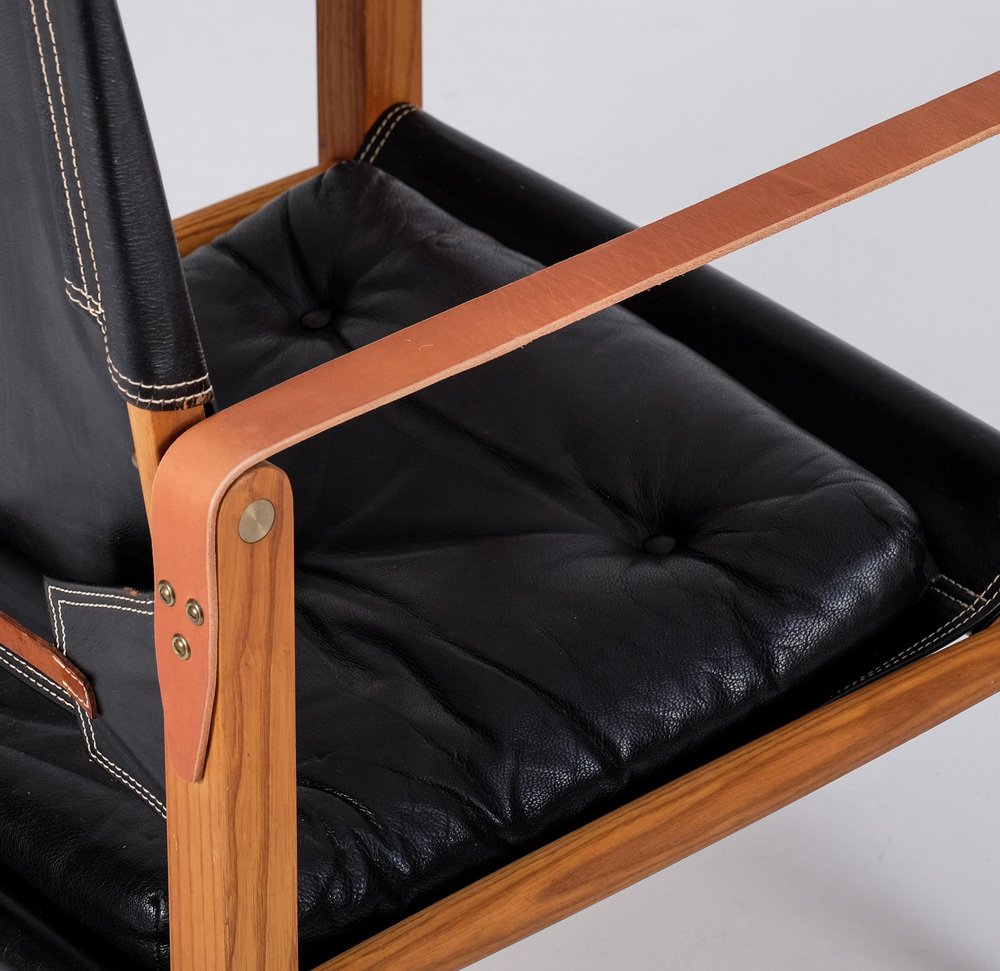 Black Leather Safari Chairs attributed to Kaare Klint, 1950s, Set of 2