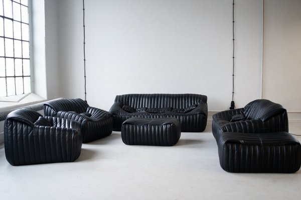 Black Leather Sandra Sofa Set by Annie Hieronimus for Ligne Roset, 1973, Set of 7-IXA-1787071