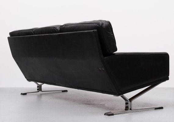 Black Leather Sofa attributed Poul Kjaerholm, 1960s-GCG-2032323