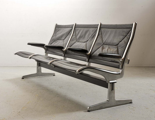 Black Leather Tandem Sling 3-Seater Airport Bench by Charles & Ray Eames for Herman Miller, 1962