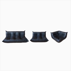 Black Leather Togo 2-Seat, 3-Seat, and Corner Sofas by Michel Ducaroy for Ligne Roset, Set of 3-IXA-1029058