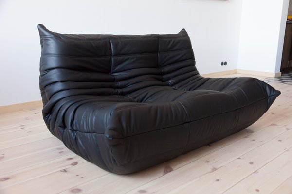 Black Leather Togo 2-Seat Sofa & Pouf by Michel Ducaroy for Ligne Roset, Set of 2-IXA-1118392