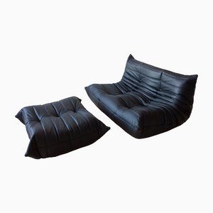 Black Leather Togo 2-Seat Sofa & Pouf by Michel Ducaroy for Ligne Roset, Set of 2-IXA-1118392