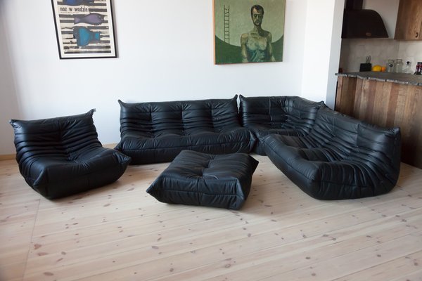 Black Leather Togo Living Room Set by Michel Ducaroy for Ligne Roset, Set of 5-IXA-1366841