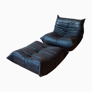 Black Leather Togo Lounge Chair and Pouf by Michel Ducaroy for Ligne Roset, Set of 2-IXA-1758126