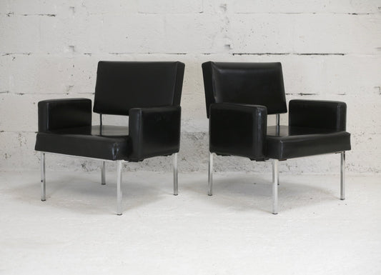 Black Leatherette Armchairs with Stainless Steel Legs, France, 1970s, Set of 2