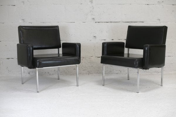 Black Leatherette Armchairs with Stainless Steel Legs, France, 1970s, Set of 2-MAO-912866