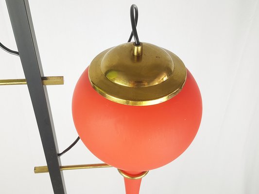 Black Metal and Brass Floor Lamp with Green and Orange Murano Glass Shades from Stilnovo, 1950s-RD-1811326