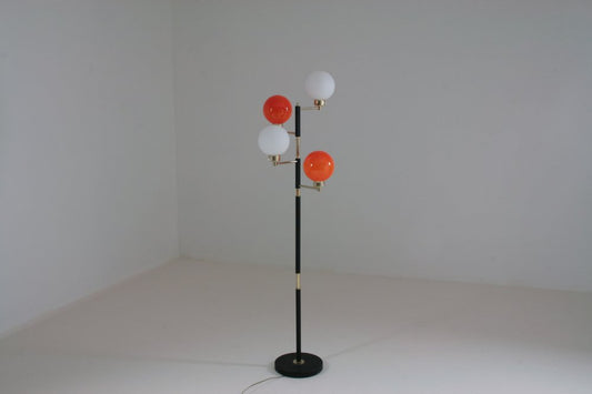 Black Metal, Brass and Opalines Floor Lamp from Arlus, 1950s