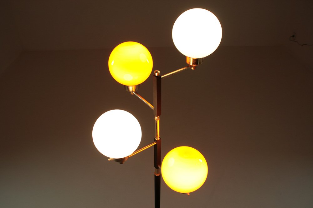 Black Metal, Brass and Opalines Floor Lamp from Arlus, 1950s