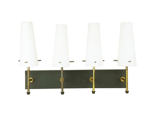 Black Metal, Brass & Opaline Glass 4-Light Wall Lamps, 1950s, Set of 5-RD-2027544