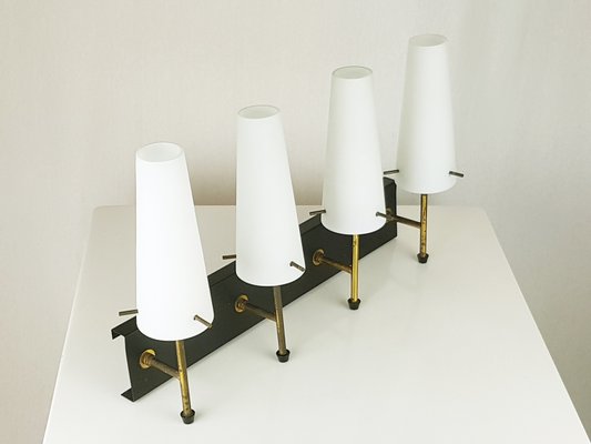 Black Metal, Brass & Opaline Glass 4-Light Wall Lamps, 1950s, Set of 5-RD-2027544