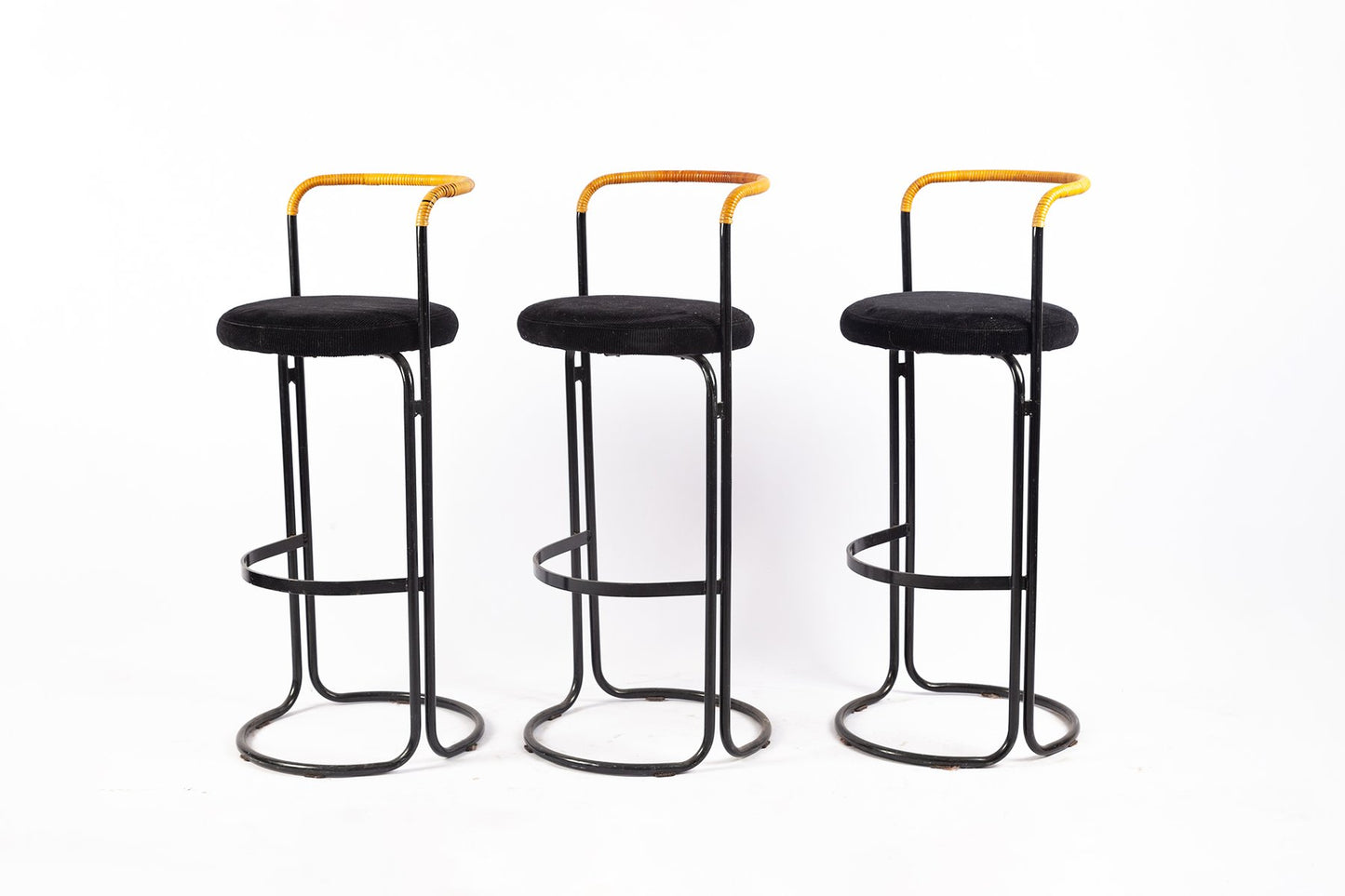 Black Metal & Rattan Barstools by Poul Norreklit, 1960s, Set of 3