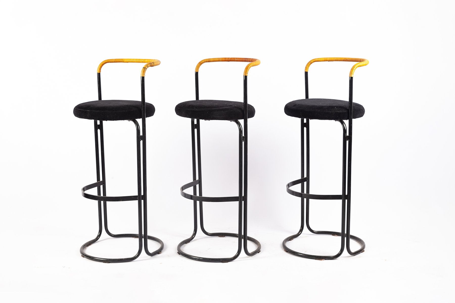 Black Metal & Rattan Barstools by Poul Norreklit, 1960s, Set of 3