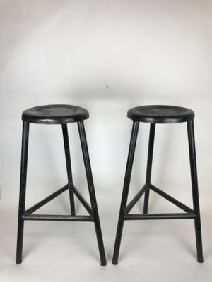 Black Metal Three-Legged Bar Stools, 1960s, Italy, Set of 2-YNA-832559