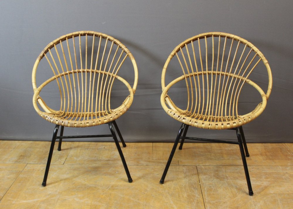 Black Rattan and Lacquered Iron Chair by Rohe Noordwole, 1950, Set of 5