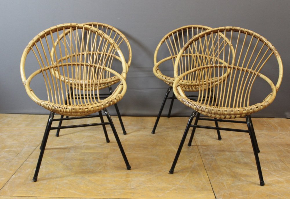 Black Rattan and Lacquered Iron Chair by Rohe Noordwole, 1950, Set of 5