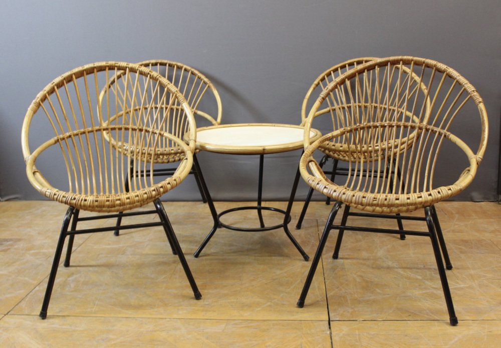 Black Rattan and Lacquered Iron Chair by Rohe Noordwole, 1950, Set of 5