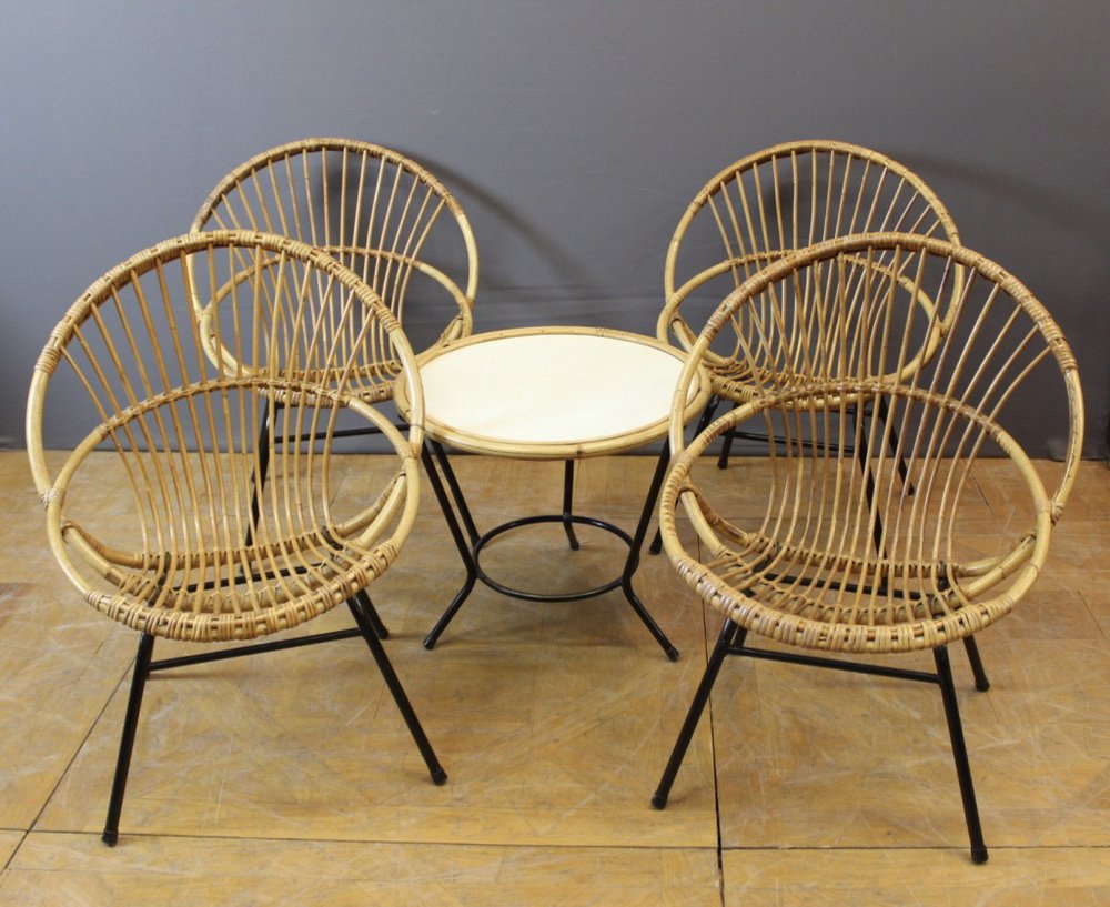 Black Rattan and Lacquered Iron Chair by Rohe Noordwole, 1950, Set of 5